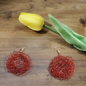 Handmade Red Wire Crochet Earrings.